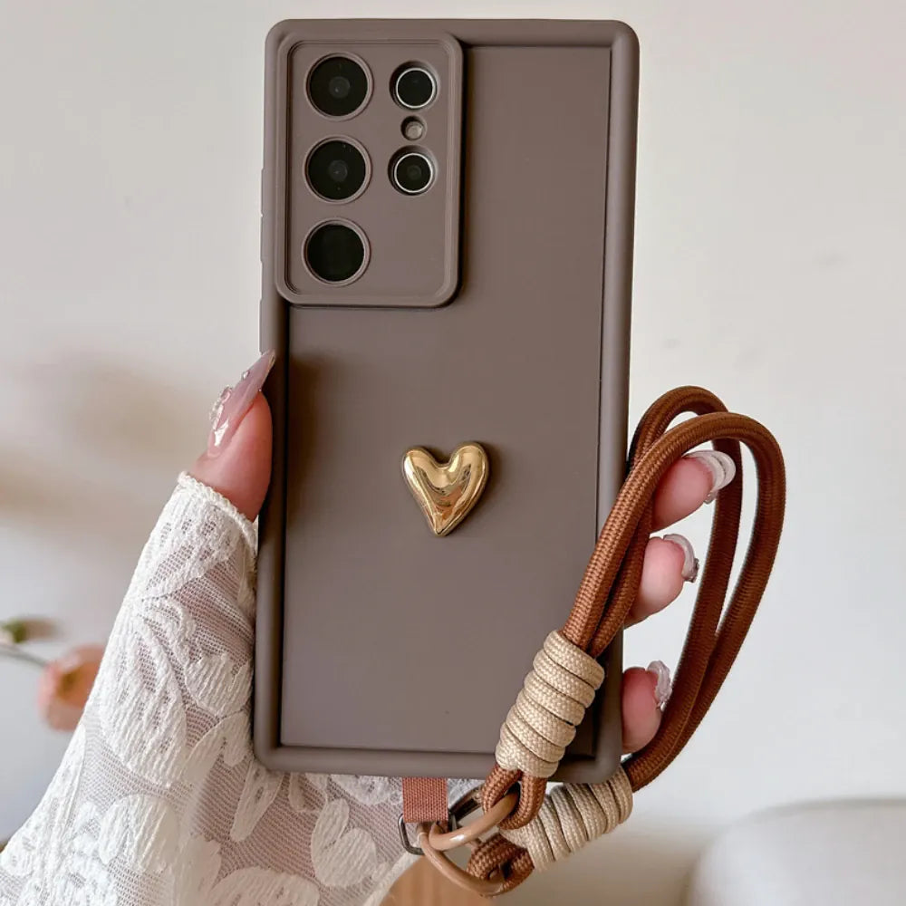Coque cœurs dorés sangle poignet Samsung Galaxy