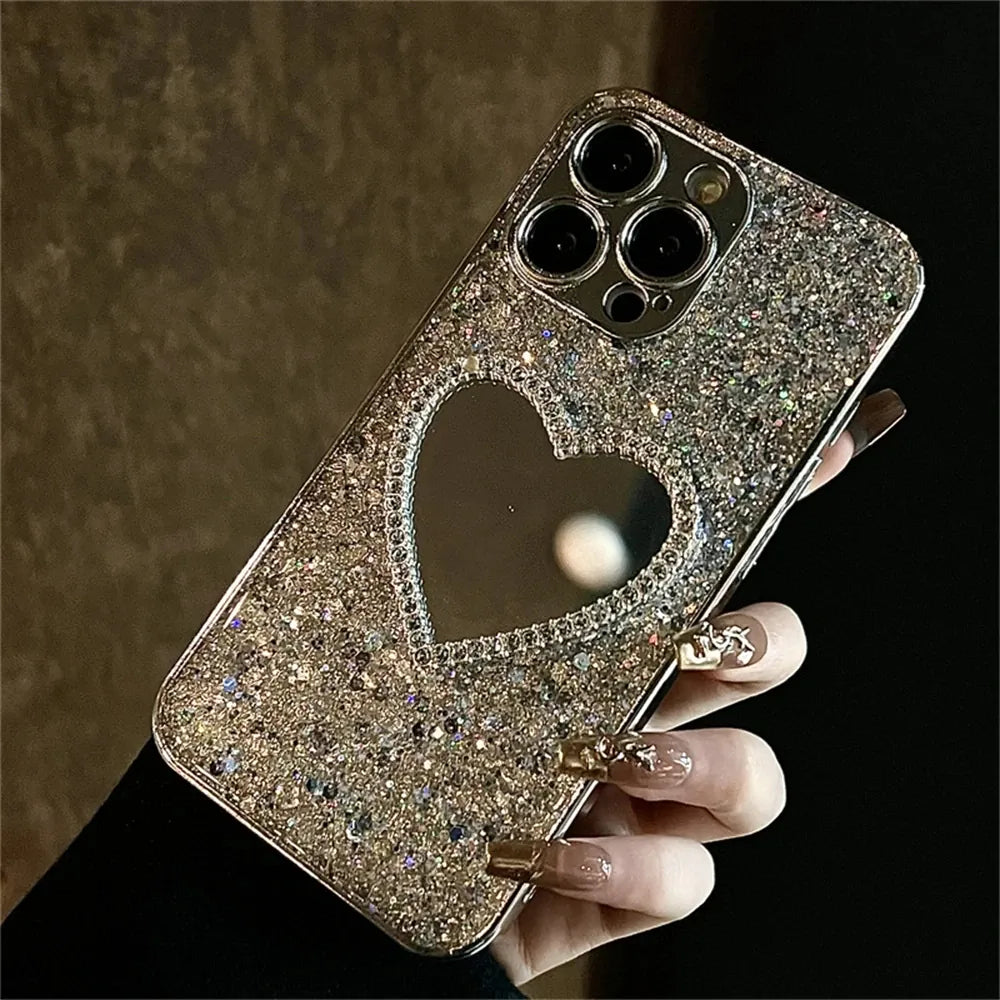 Coque iPhone pailletée miroir cœur 3D