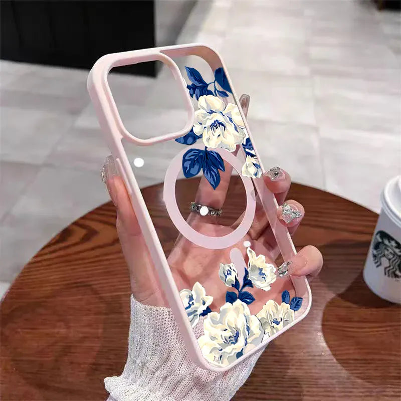 Coque iPhone transparente roses blanches MagSafe