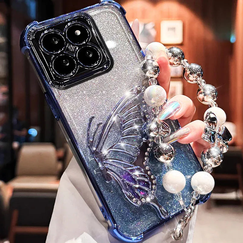 Coque papillon pailletée avec bracelet iPhone