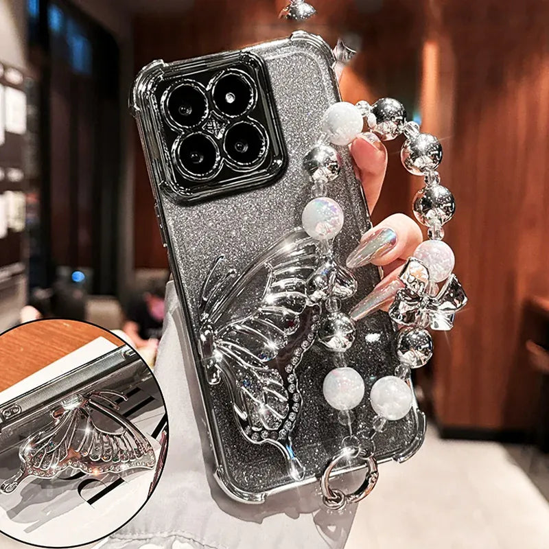 Coque papillon pailletée avec bracelet iPhone