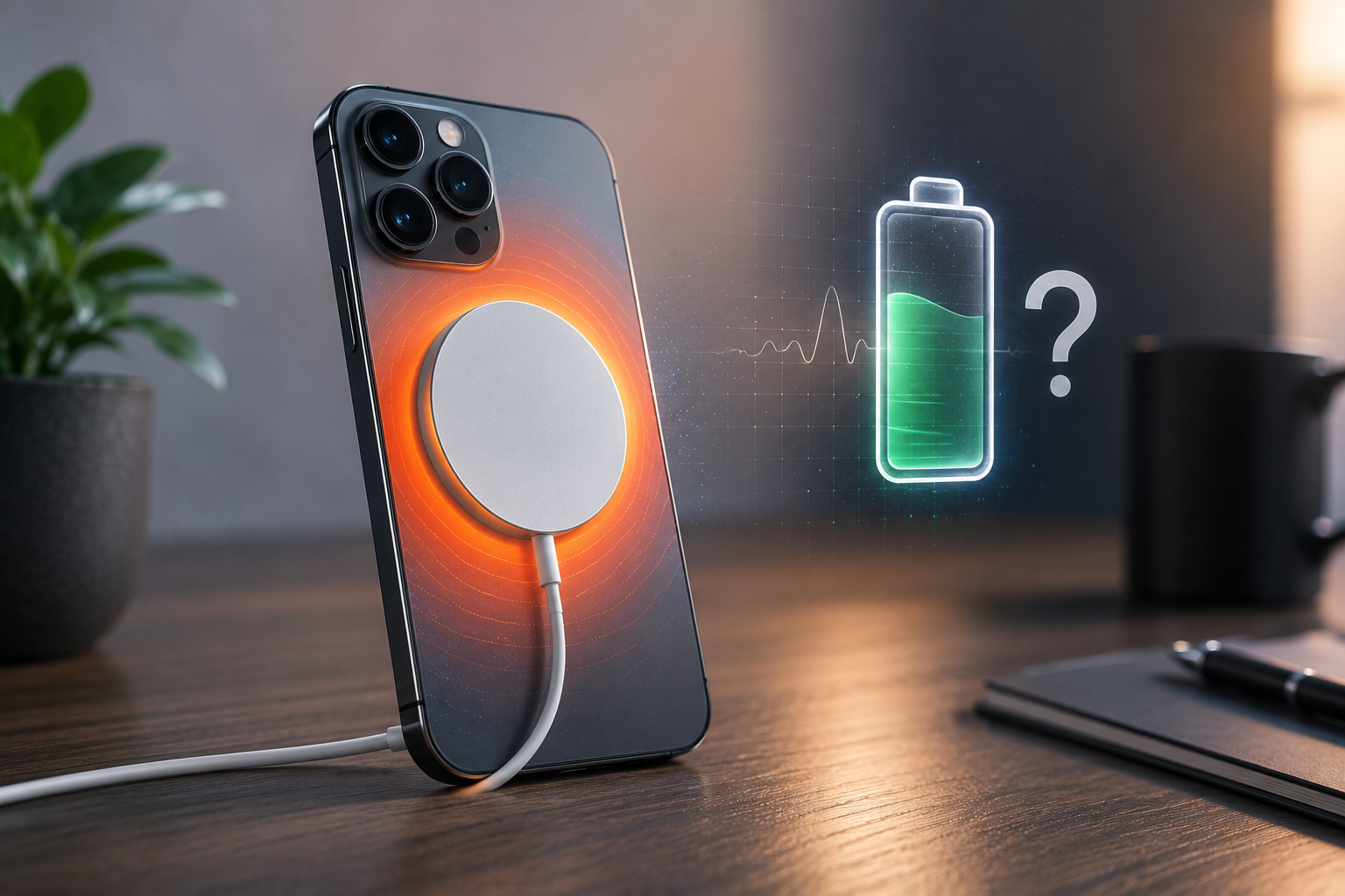 iPhone en recharge MagSafeavec légère représentation de la chaleur autour de la zone de recharge