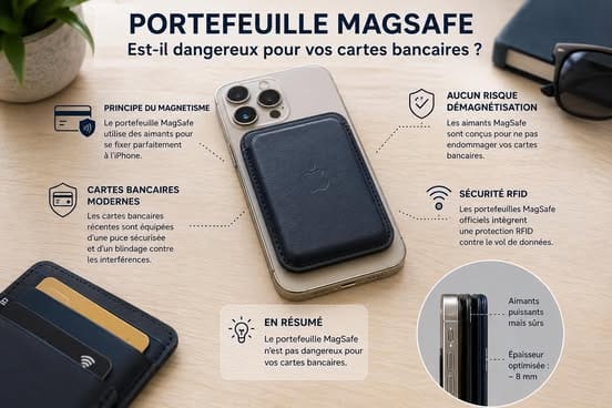 portefeuille MagSafe fixé à un iPhone avec une carte bancaire, pour illustrer les effets des aimants sur les cartes bancaires 