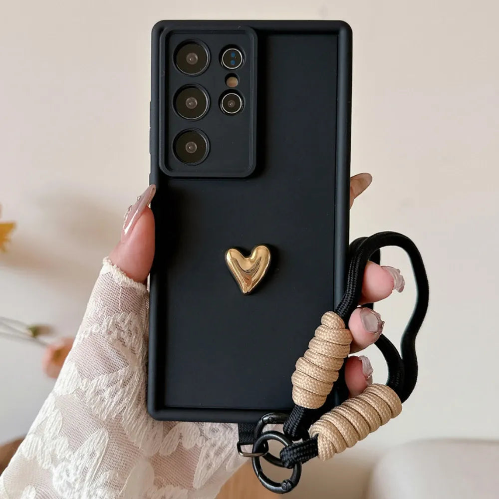 Coque cœurs dorés sangle poignet Samsung Galaxy