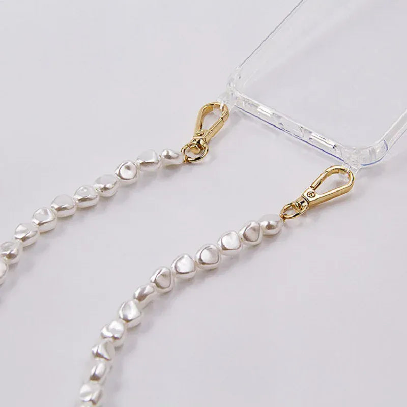 Coque iPhone bandoulière perles transparente