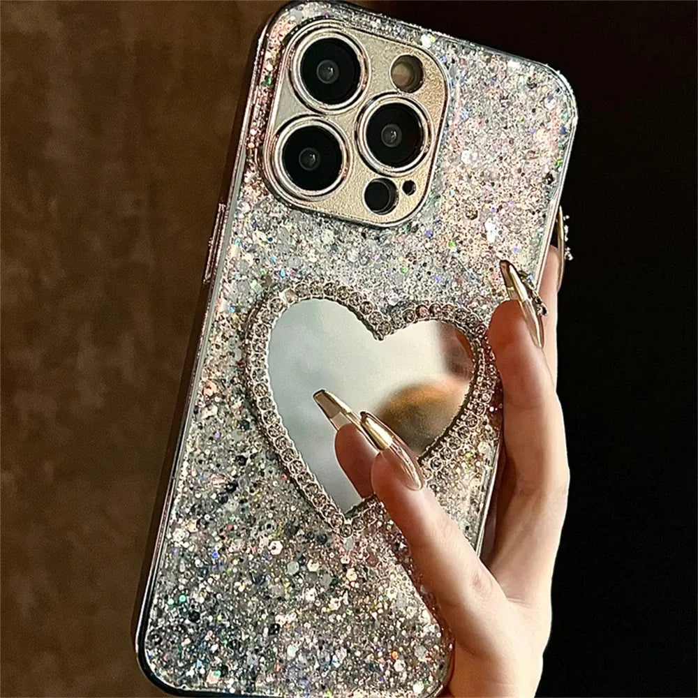 Coque iPhone pailletée miroir cœur 3D