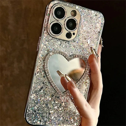 Coque iPhone pailletée miroir cœur 3D