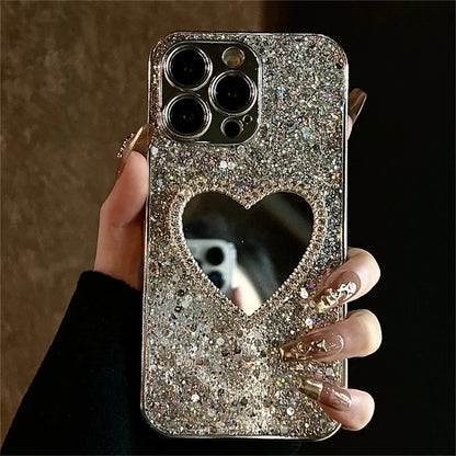 Coque iPhone pailletée miroir cœur 3D