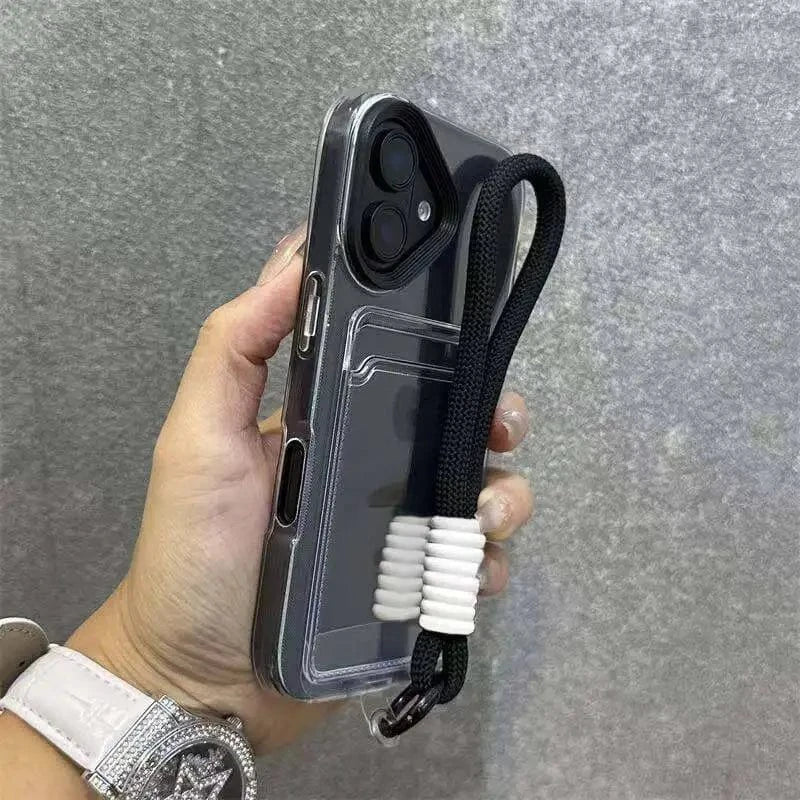 Coque iPhone transparente porte-cartes avec cordon