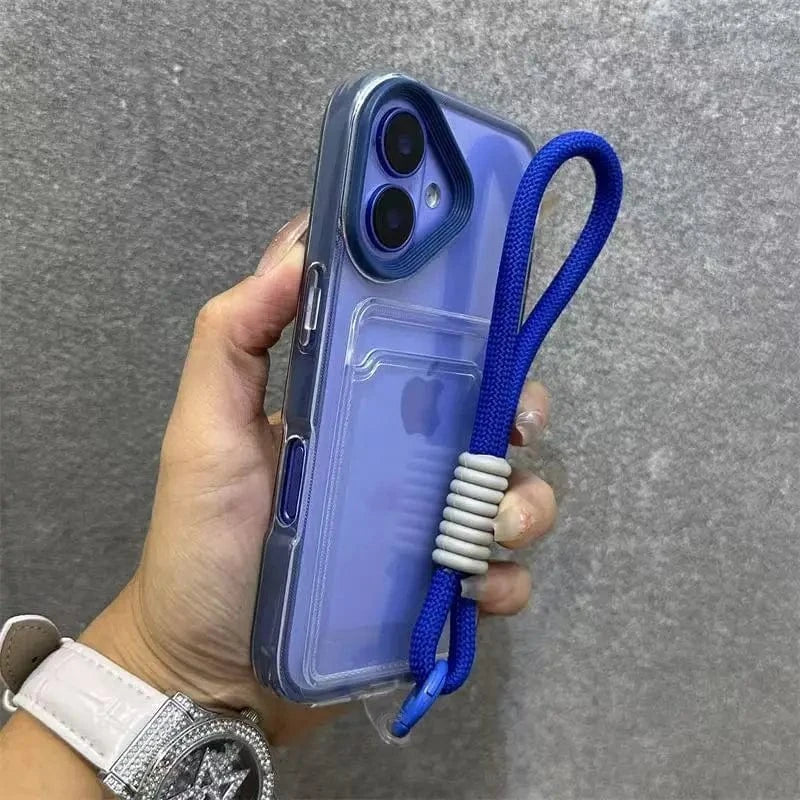Coque iPhone transparente porte-cartes avec cordon