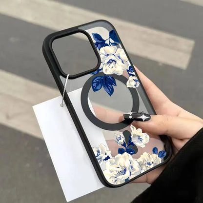 Coque iPhone transparente roses blanches MagSafe