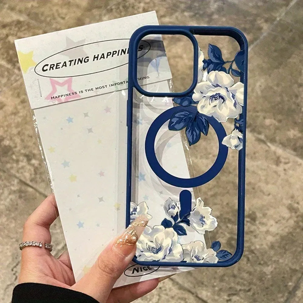 Coque iPhone transparente roses blanches MagSafe
