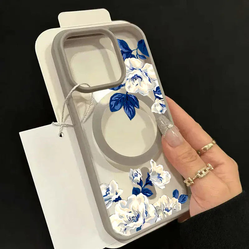 Coque iPhone transparente roses blanches MagSafe