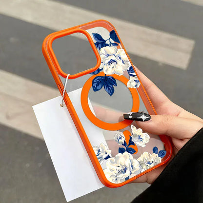 Coque iPhone transparente roses blanches MagSafe