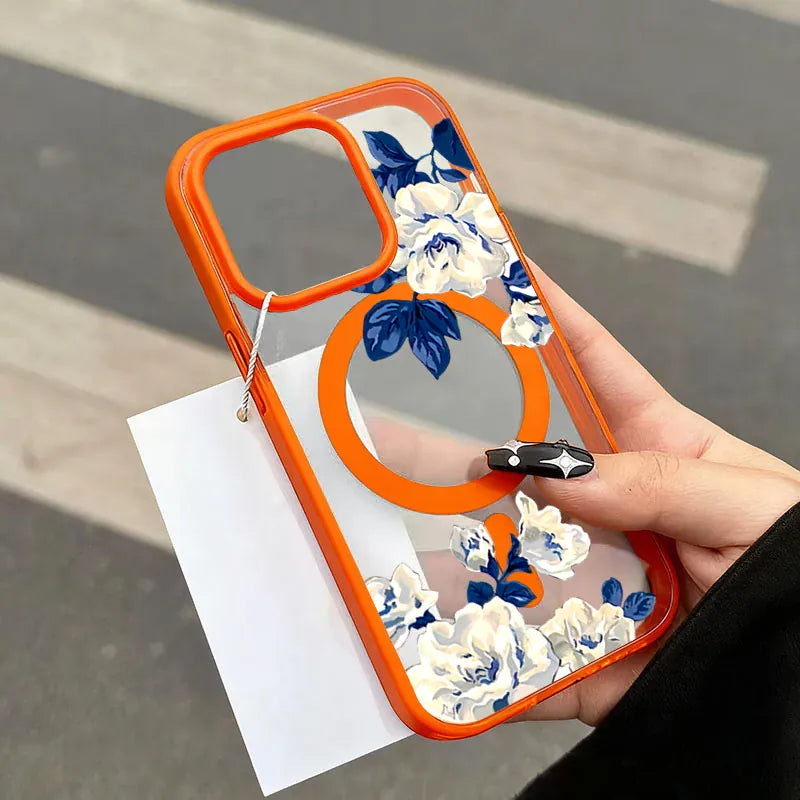 Coque iPhone transparente roses blanches MagSafe