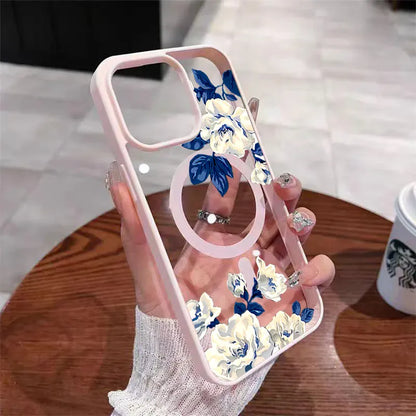 Coque iPhone transparente roses blanches MagSafe