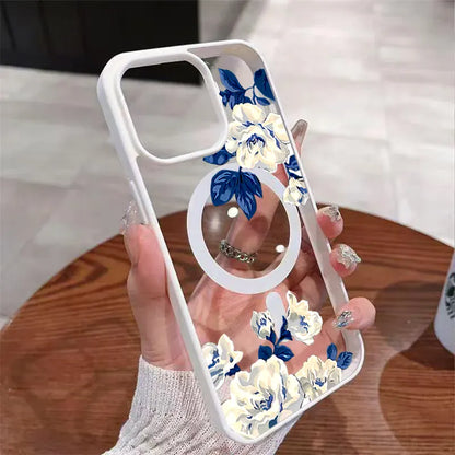 Coque iPhone transparente roses blanches MagSafe