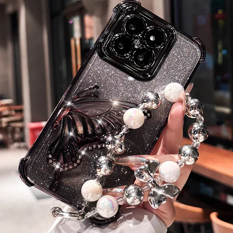 Coque papillon pailletée avec bracelet iPhone