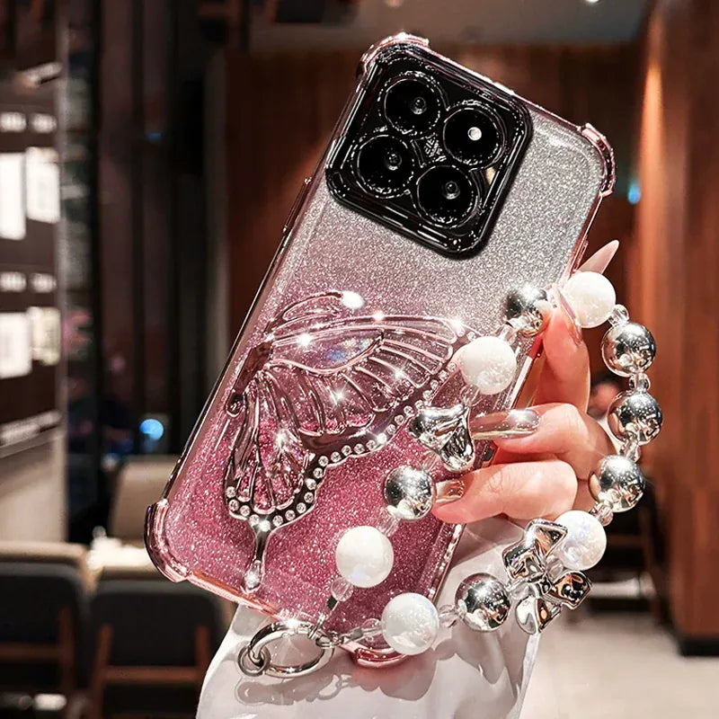 Coque papillon pailletée avec bracelet iPhone